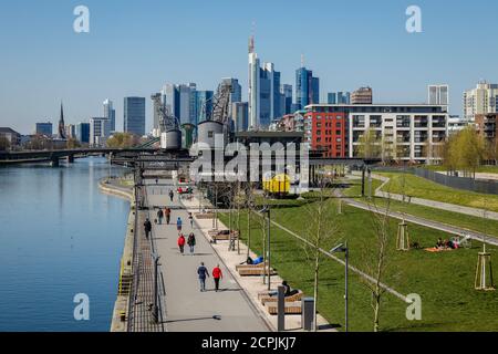 Hafenpark am Osthafen, rear skyline of Frankfurt city center with financial district, Frankfurt am Main, Hesse, Germany Stock Photo