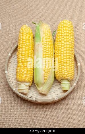Raw corn cobs in a woven bamboo basket. Isolated on jute background. Vertical shot. Stock Photo