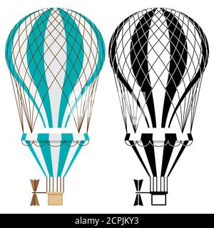 Hot air balloons. Colorful and black and white aerostat vector isolated on white background. Aerostat flight transport, air balloon, ballooning journey illustration Stock Vector