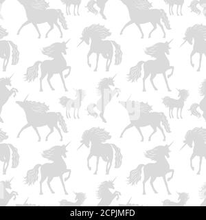 Vector horses unicors gray silhouettes seamless pattern. Horse and unicorn, animal magic, mythology silhouette illustration Stock Vector