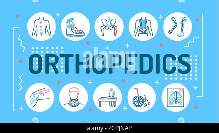 Orthopedics word lettering typography. Rehabilitation after injuries. Musculoskeletal system treatment. Infographics with linear icons on blue Stock Vector