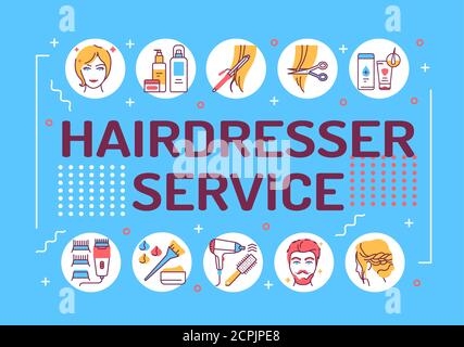Hairdresser service word lettering typography. Professional hair styling. Infographics with linear icons on blue background. Creative idea concept Stock Vector