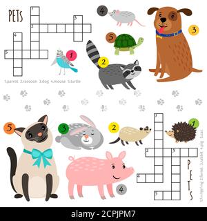 Cartoon character pets vector mini crosswords for children Stock Vector