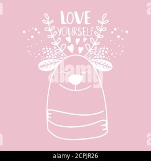 Pink and white love yourself card with happy deer, vector template Stock Vector