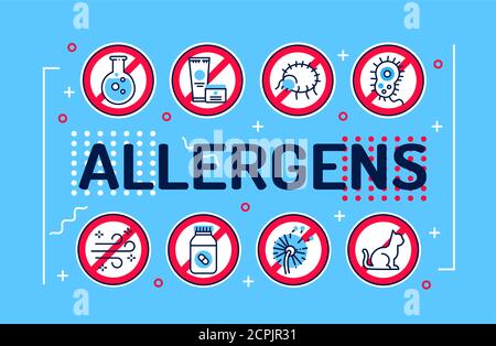 Allergens word lettering typography. Infographics with linear icons on blue background. Creative idea concept. Vector isolated outline color Stock Vector