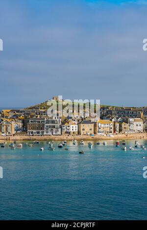 St Ives UK, view in summer across St Ives bay towards the town's beach, Cornwall, south west England, UK Stock Photo