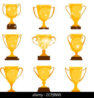 Gold award cups. Cartoon winner cup prizes, golden metal winning trophy icons for sport and games isolated on white background, vector illustration Stock Vector