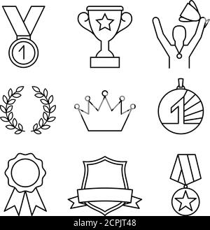 Awards line icons. Award linear sign set, awarded banners and awarding outline trophy, ranking bestowal and winning badge vector icons Stock Vector