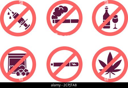 Health risk color glyph icons set. Forbidden signs. Pictograms for web page, mobile app, promo. UI UX GUI design elements. Stock Vector