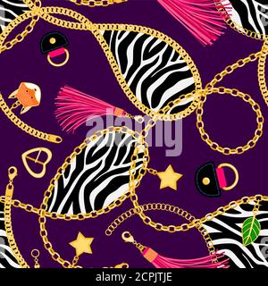 Chains zebra pattern. Luxury safari chained tuileries elegant shiny accessories tile, fashion metal buckles and leather tassels repeat, vector illustration Stock Vector