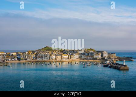 UK seaside, view of the harbour area in the Cornish resort town of St Ives, Cornwall, south west England, UK Stock Photo