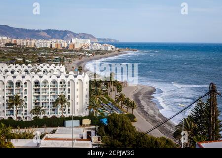Hotel Marinas de Nerja Beach on the city beach in the resort of Nerja, Malaga Province, Costa del Sol, Andalusia, Spain Stock Photo