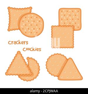 Tasty crackers and cookies set vector illustration. Cracker snack isolated, tasty bakery cookie Stock Vector
