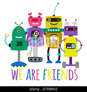 Robots print for kids. Friendship vector concept with cartoon robots Stock Vector