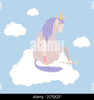 Cartoon dreaming unicorn flies on cloud vector illustration. Cartoon sad unicorn, fly animal on cloud Stock Vector