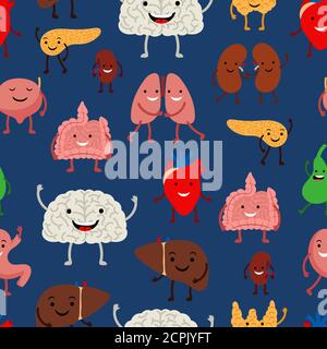 Human internal organs emoji seamless pattern on dark blue background, vector illustration Stock Vector
