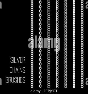 Silver chains. Vector metal chain brushes set isolated on black background, seamless stable steel links for necklace or security Stock Vector
