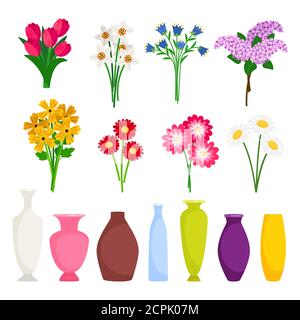 Bouquet maker - different flowers and vases vector elements. Colored bouquet flower blossom illustration Stock Vector