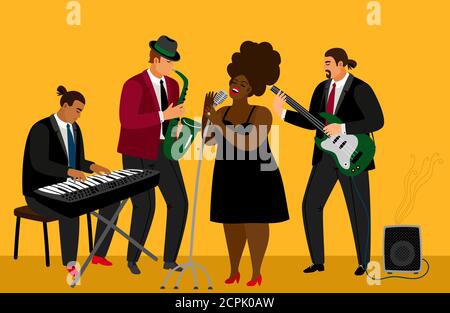 Jazz band vector illustration. Musician team and singer characters on bright yellow background Stock Vector