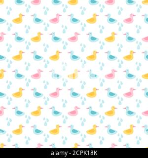 Rubber ducks and water drops seamless pattern vector design. Illustraton of plastic bird and duckling pattern Stock Vector