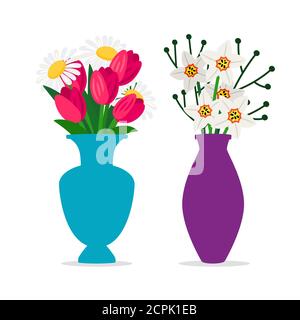 Spring flowers bouquets in vases vector isolated on white. Illustration of bouquet vase, blossom flower summer Stock Vector
