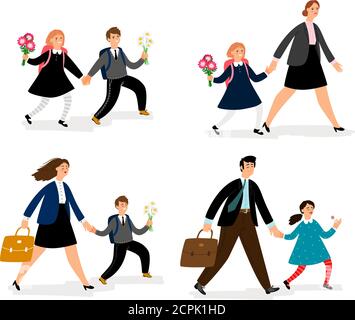 People go to school. Parents lead their children to school flat vector, cartoons kid with mom and dad going to study, first september Stock Vector