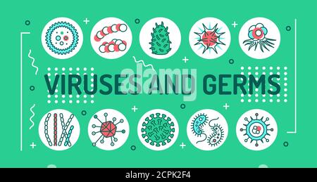 Viruses and germs word lettering typography. Microscopic germ cause diseases. Infographics with linear icons on green background. Creative idea Stock Vector