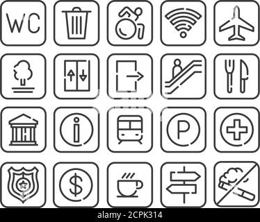 Public navigation black line icons set .Pictograms for web page, mobile app, promo. UI UX GUI design elements. Editable stroke. Stock Vector
