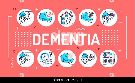Brain disease dementia word lettering typography. Decline in memory. Decrease in mental human abilities. Infographics with linear icons on red Stock Vector