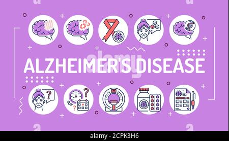 Alzheimer's disease word lettering typography. Decline in memory. Decrease in mental human abilities. Infographics with linear icons on background Stock Vector