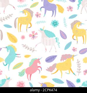 Fairytale unicorn with floral elements vector seamless pattern. Fairytale seamless pattern, cartoon unicorn background illustration Stock Vector