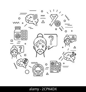 Alzheimer's disease web banner. Decline in memory. Decrease in mental human abilities. Infographics with linear icons on background. Creative idea Stock Vector