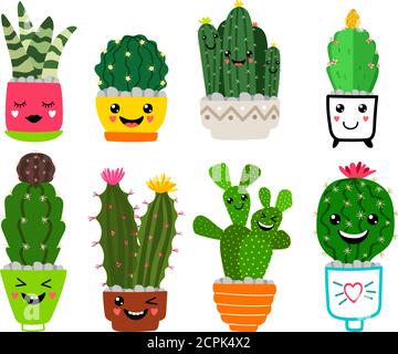 Smiling cacti. Funny cactus friends with flowers, cartoon cute desert plants in pots, happy cacti houseplant pots garden with smiles, vector iconsSmiling cacti in pots Stock Vector