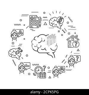 Brain disease dementia web banner. Decline in memory. Decrease in mental human abilities. Infographics with linear icons on background. Creative idea Stock Vector