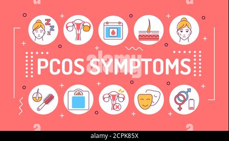 PCOS symptoms word lettering typography. Female reproductive system disease. Infographics with linear icons on red background. Isolated outline color Stock Vector