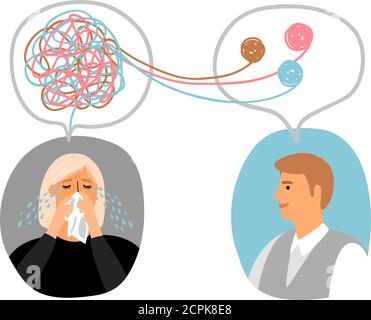 Psychotherapy concept illustration with crying lady and male doctor avatars, vector illustration Stock Vector
