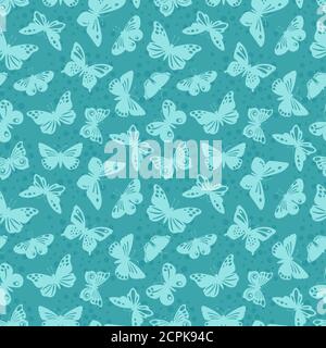 Lace butterflies silhouettes vector seamless pattern. Lace butterfly pattern, green silhouette wallpaper illustration Stock Vector