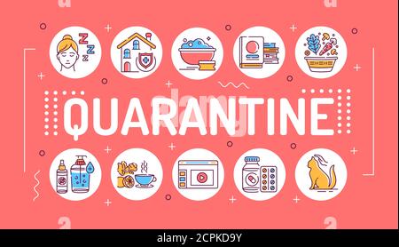 Quarantine word lettering typography. Stay at home. Isolation, period. Infographics with linear icons on red background. Isolated outline color Stock Vector