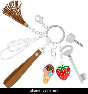 Bunch of keys with trinket isolated on white. Vector key of bunch for safe private car or home illustration Stock Vector