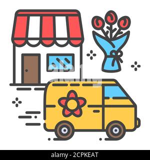 Delivery flower color line icon. Express shipping. Sign for web page, app. UI UX GUI design element. Editable stroke. Stock Vector