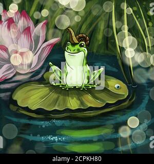 High quality details.Cartoon frog sitting on the leaf at pond. a snail sits on its head. Stock Photo