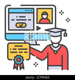 E-learning color line icon. Online education website concept. Study program, courses. Home leisure. Vector isolated illustration. Editable stroke Stock Vector