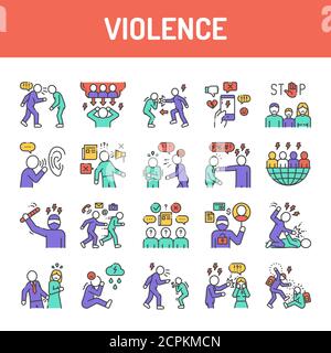 Violence color line icons set. Harassment, social abuse and bullying. Signs for web page, mobile app, button, logo. Editable stroke Stock Vector