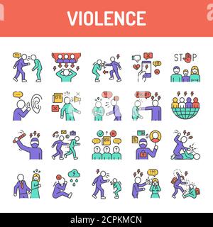 Violence color line icons set. Harassment, social abuse and bullying. Signs for web page, mobile app, button, logo. Editable stroke Stock Vector