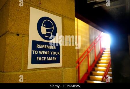 Social distancing signage inside the ground ahead of the Sky Bet League One match at The Valley, London. Stock Photo