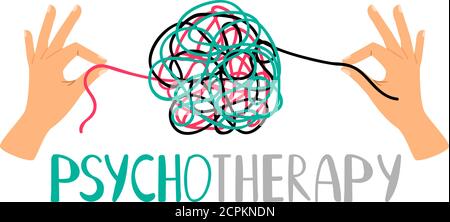 Psychotherapy concept illustration with hands untangling messy snarl knot, vector illustration Stock Vector