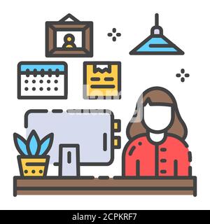 Girl at the laptop color line icon. Remote work freelancer. Home leisure. Indoor view of office with elements decor. Vector isolated illustration Stock Vector