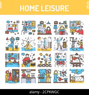 Home leisure color line icon. Homework and hobby: Dancing, Cleaning, Cooking, Yoga, E-learning. Vector isolated illustration. Editable stroke. Stock Vector