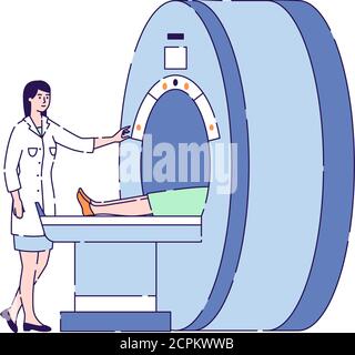 Doctor woman diagnoses woman patient vector illustration. MRI machine scan device in hospital. Medical examination for a disease. Isolated cartoon Stock Vector