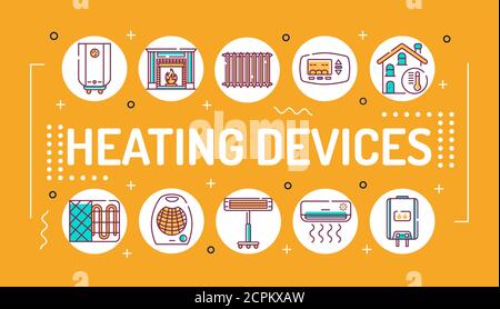 Heating devices word lettering typography. Infographics with linear icons on orange background. Isolated outline color illustration Stock Vector